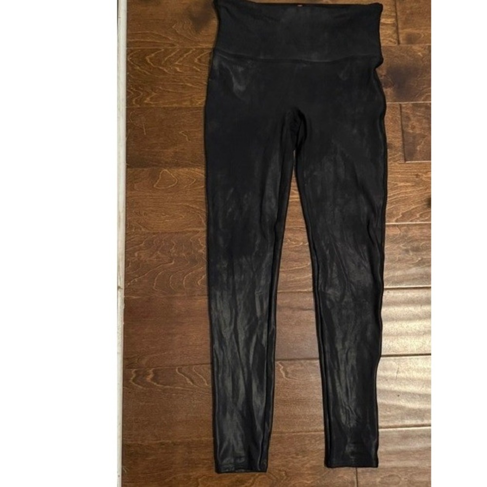 Spanx Faux Leather Leggings Very Black High Waisted Shimmer 20190R Sz Lg